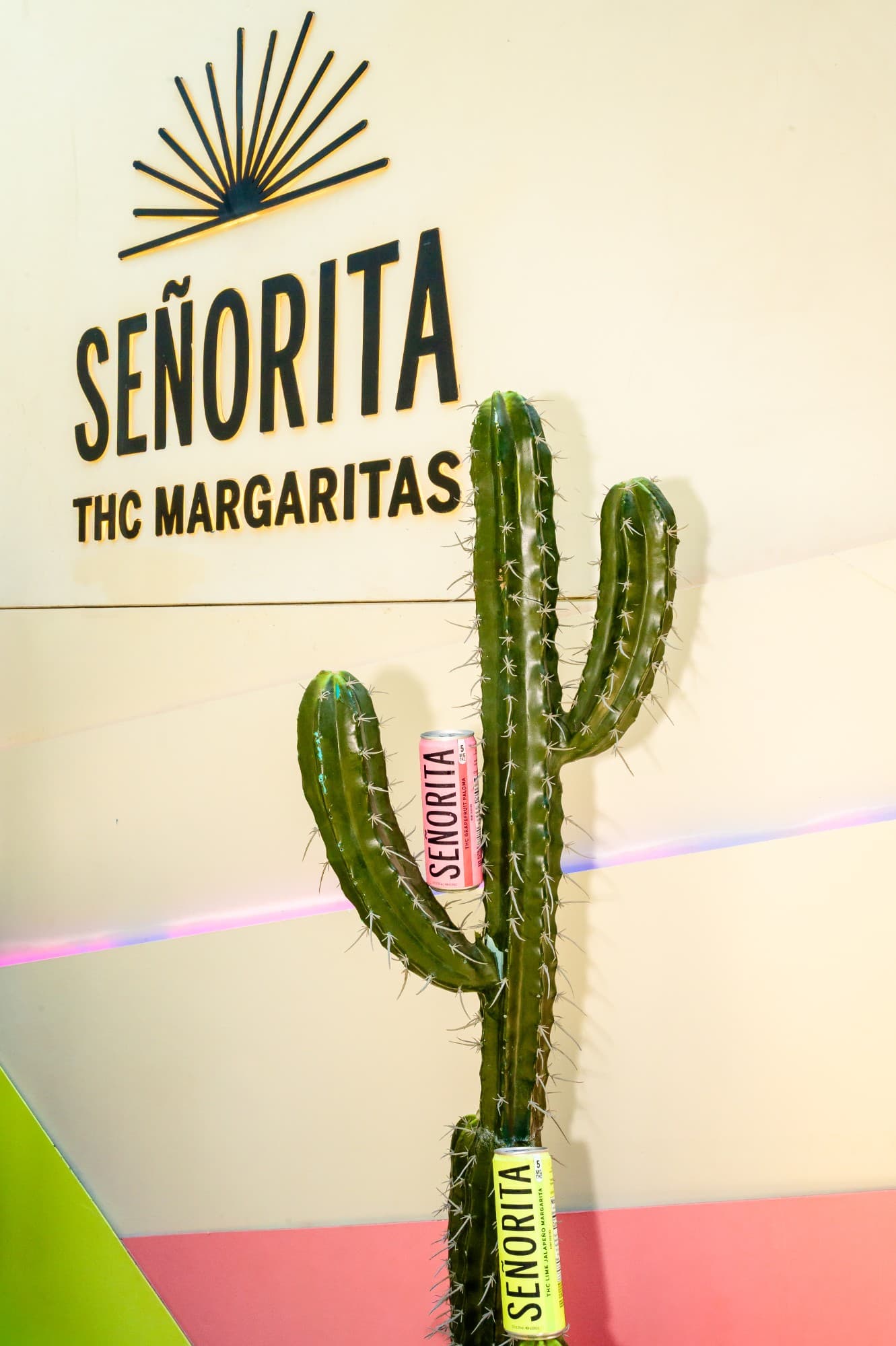 Señorita THC Margaritas sign with a cactus display holding Grapefruit Paloma and Lime Jalapeño Margarita cans